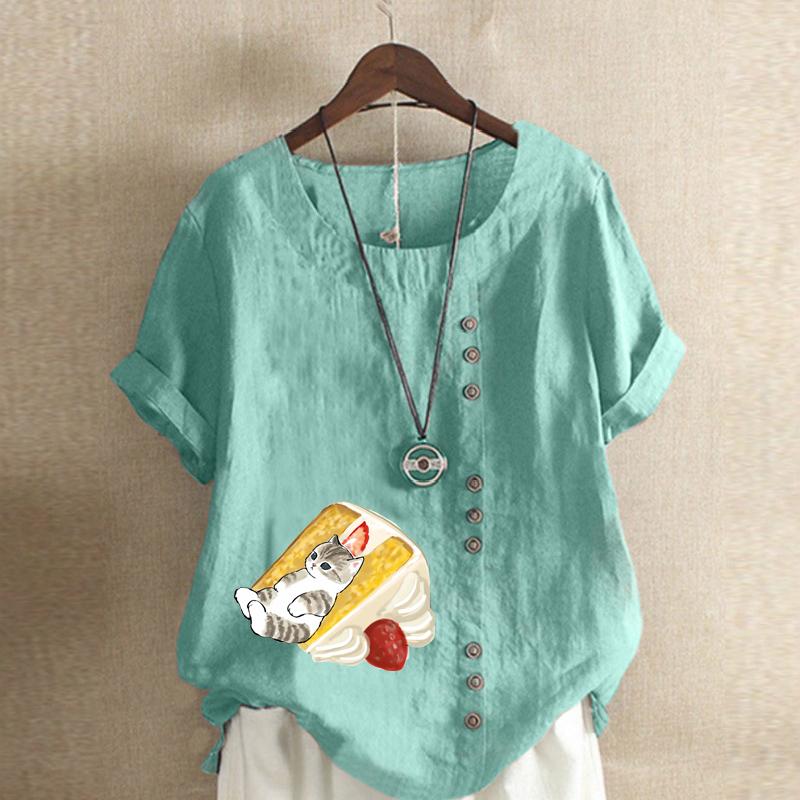Женская мода, футболка с круглым вырезом и короткими рукавами с милым котом, повседневная рубашка из хлопка и льна с рисунком, свободная летняя блузка для отдыха, топы больших размеров
