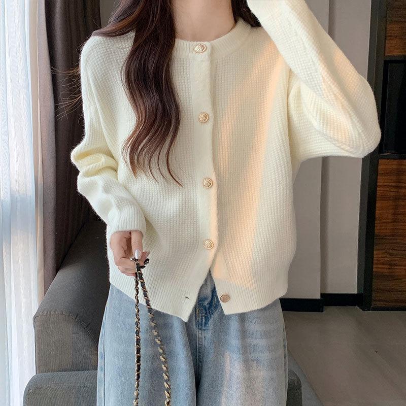 Корейский вязаный кардиган с круглым вырезом для женщин, осень и зима, новый дизайн, ощущение свежести и сладости, свитер с длинными рукавами, женское верхнее пальто