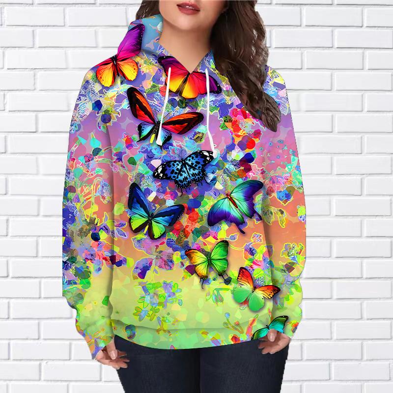 Женская мода розовый узорчатый бабочка принт свободные толстовки топы блузка свитшот повседневный длинный рукав пуловер топы