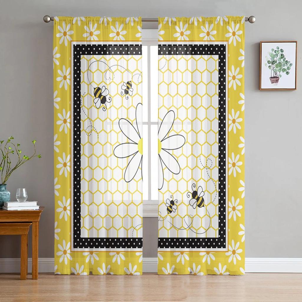 Yellow Daisy Bee Tulle Curtains Living Room Kitchen Chiffon Curtain Bedroom Balcony Sheer Curtain Fashion Home Decor
