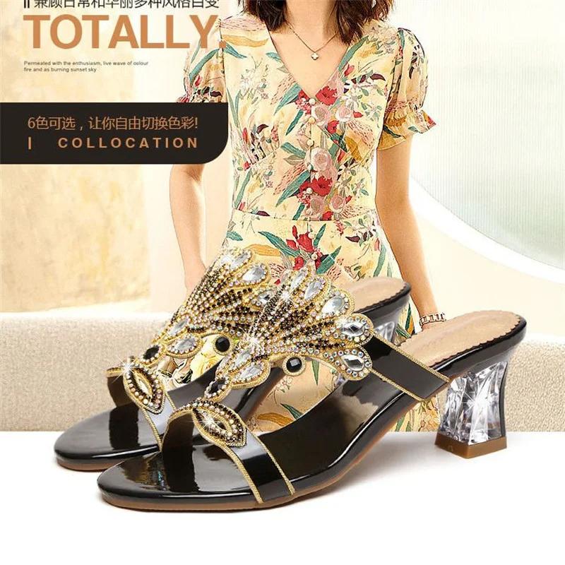 Summer New Fashion Women's High-heeled Slippers Open-toe Sandals Personalized Soft Sole Diamond Crystal Thick Heel Shoes
