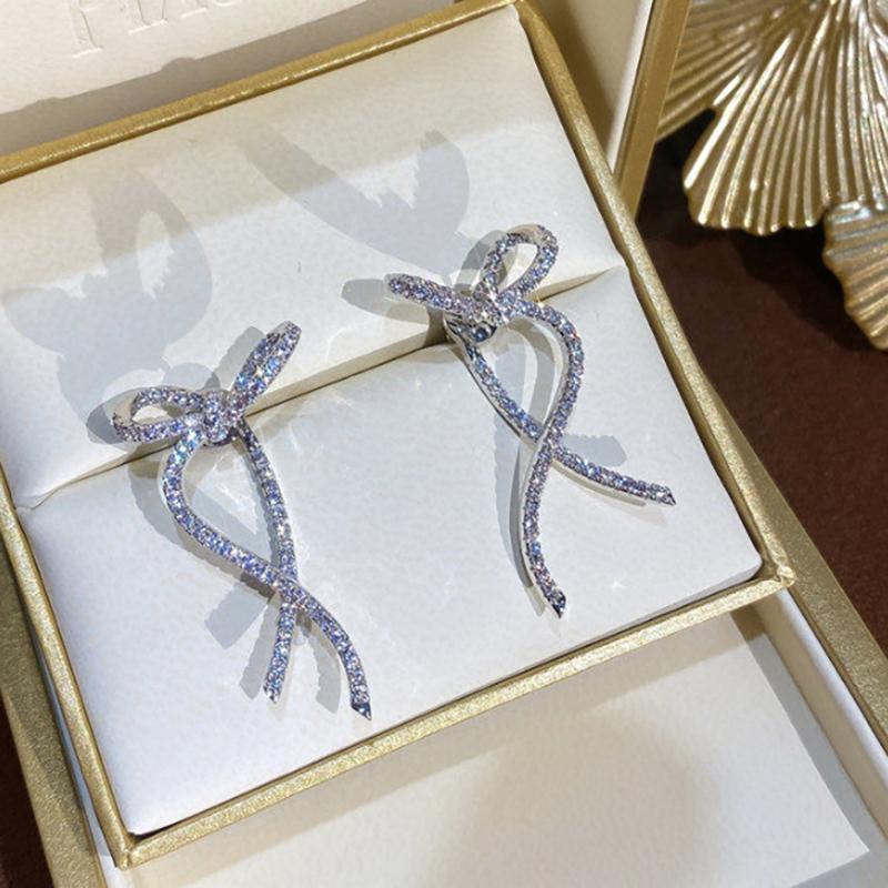 1 пара легких роскошных сережек-гвоздиков с бантом из страз для женщин, модные изысканные длинные серьги с кристаллами, украшения для вечеринки и свадьбы