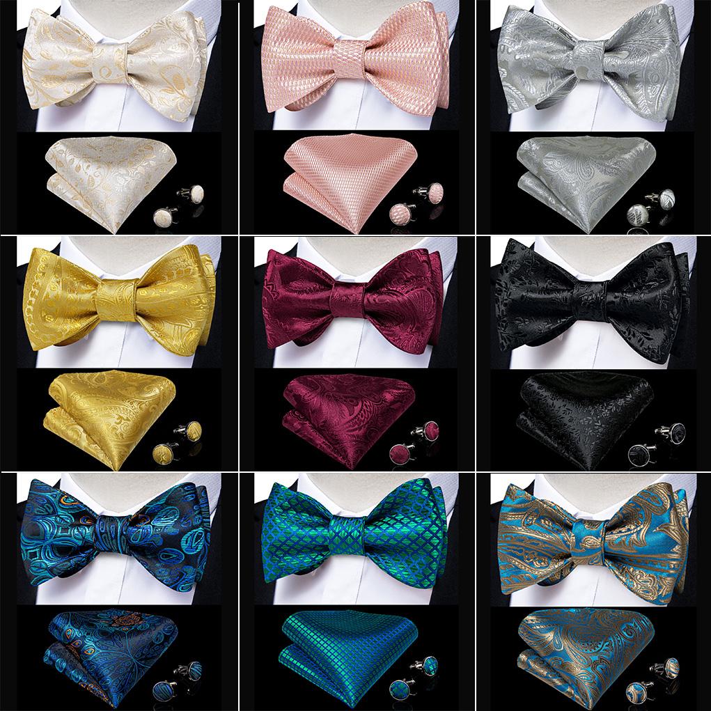 Wedding Bowtie Set for Men Adjustable Self Tied Bowtie Paisley Silk Bowtie Hanky Cufflink Set Dibangu
