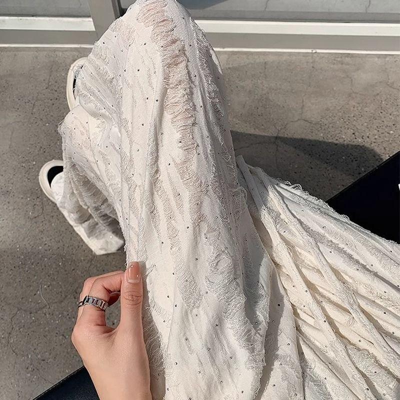 Дизайнерские повседневные широкие брюки со стразами Hot Fix, состаренные, для женщин, длина до пола, длинные брюки, летний тренд