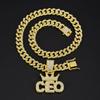 Men Hip Hop Crown CEO Letter Pendant with Cuban Link Chain Necklace For Women Men  Bling Iced Out Rhinestone Necklaces Jewelry
