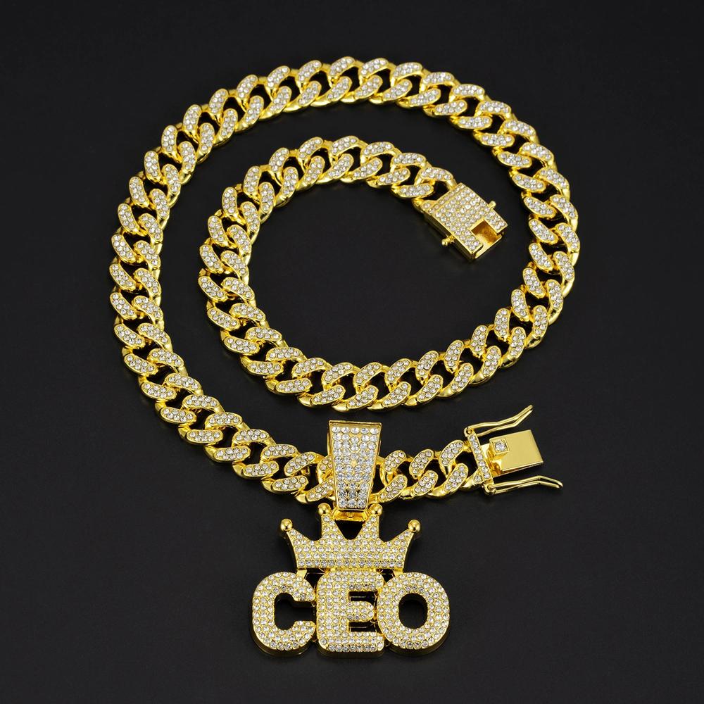 Men Hip Hop Crown CEO Letter Pendant with Cuban Link Chain Necklace For Women Men Bling Iced Out Rhinestone Necklaces Jewelry