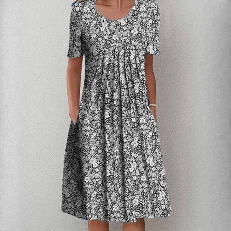 QICED Женская мода лето весна однотонный принт с коротким рукавом и круглым вырезом с высокой талией повседневные платья