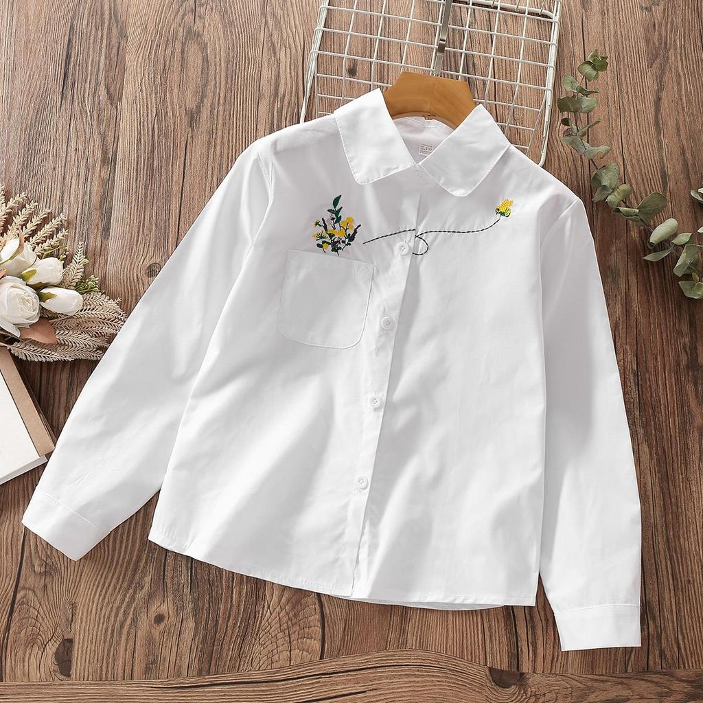 Школьная рубашка для подростков, блузка для девочек, хлопковые топы, кружевная детская одежда с длинными рукавами, весенне-осенняя одежда для маленьких детей, 6, 7, 10, 14 лет