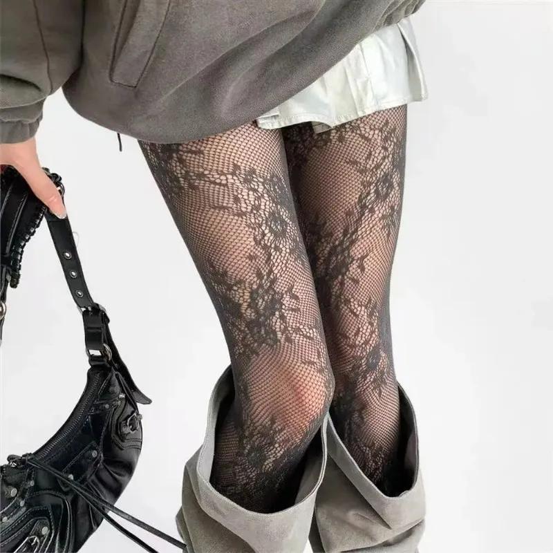 Женские Сексуальные Сетчатые Колготки Fishnet с Вырезами Стиль Лолита Сладкие Девушки Панк Стиль Цветочные Колготки Цветные Чулки Выше Колена Белье
