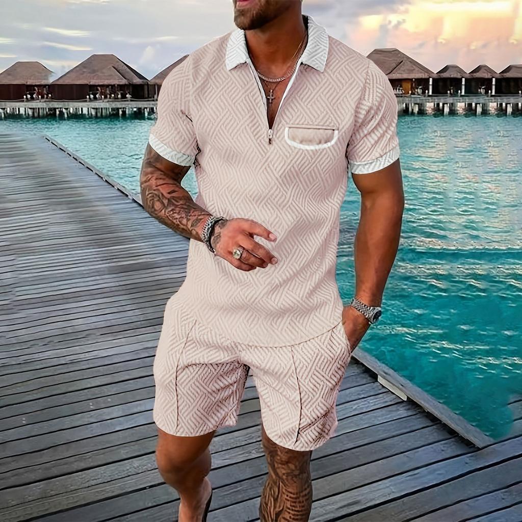 Мужской летний однотонный комплект из рубашки с коротким рукавом, карманом на молнии и лацканами, шортами