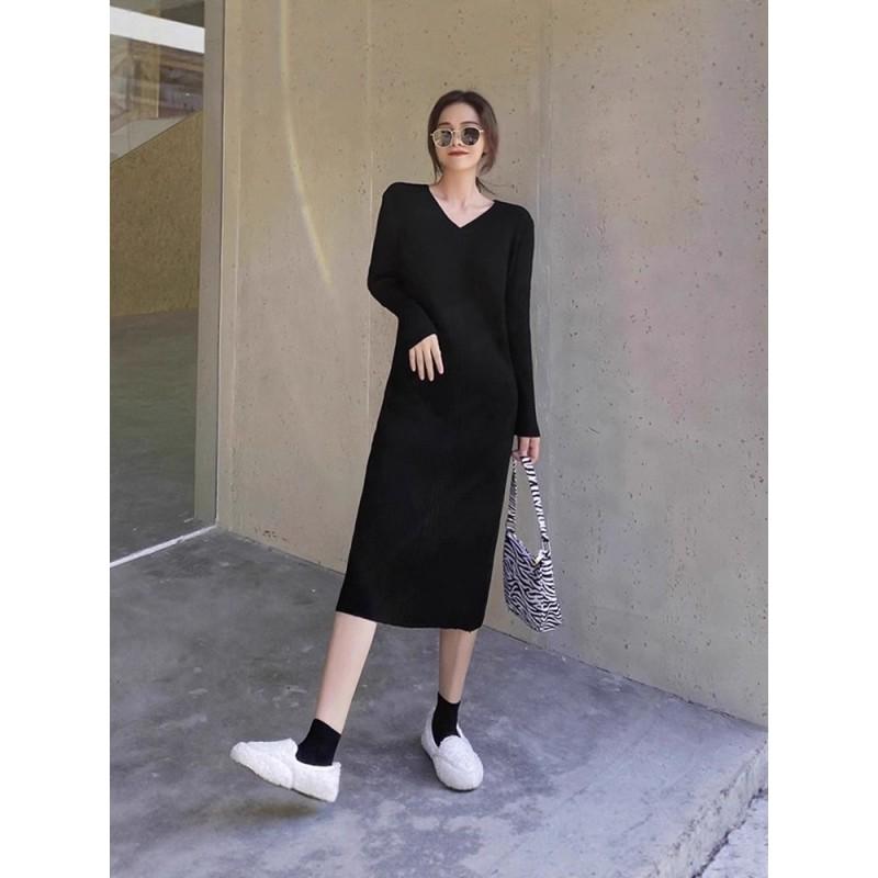 Womens V-Neck Knit Midi Dress Winter Layering Slim Fit High Waist Long Sleeve Tunic Coat