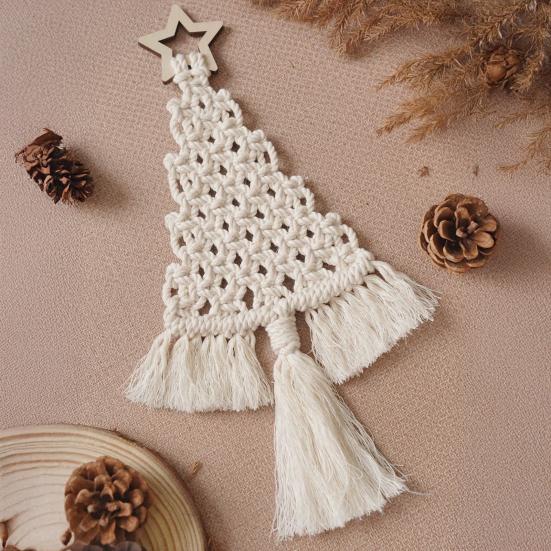 Yousheng Cotton Rope Christmas Hanging Ornament Bohemia Hand Woven Wall Hanging Decoration with Wood Beads for Christmas Home Door