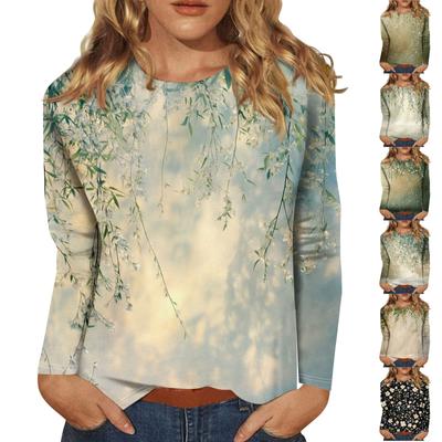 Женская мода повседневная с длинным рукавом и цветочным принтом с круглым вырезом