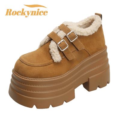 Новые зимние массивные повседневные сноубутсы женские 10 см высокая платформа танкетка теплые меховые кроссовки модные женские кожаные туфли с пряжкой