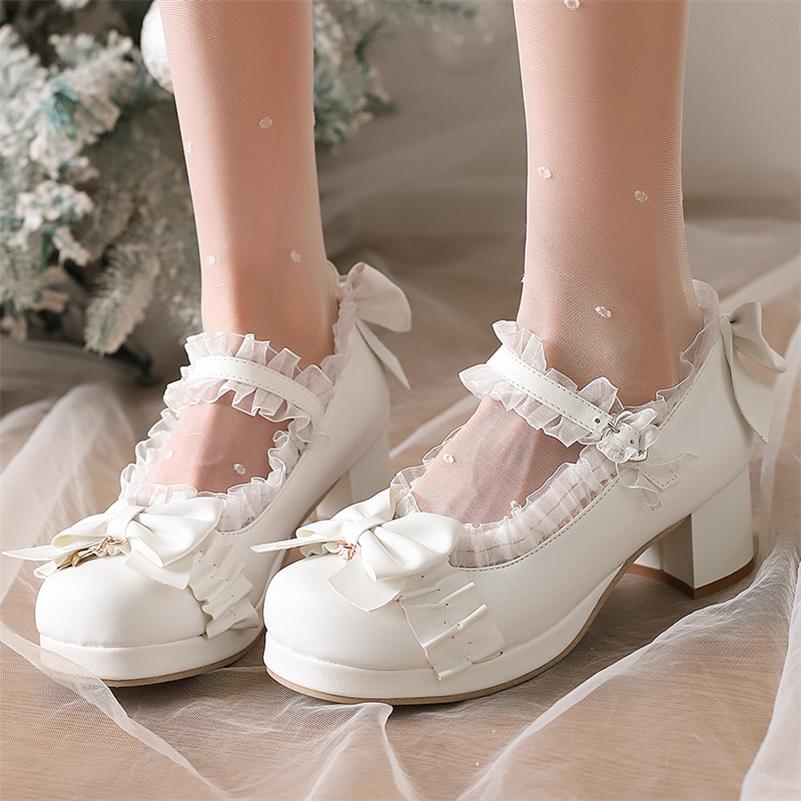 FOREADA Женские туфли-лолита Мэри Джейн с круглым носком, на толстом среднем каблуке, с пряжкой, бантом и оборками, кавайные модные женские туфли, весна-осень 46