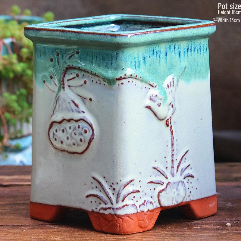 Yixing Handmade Square Mouth Coarse Pottery Planter - Large Succulent Flower Pot with Old Branch Design and Jade Pendant.