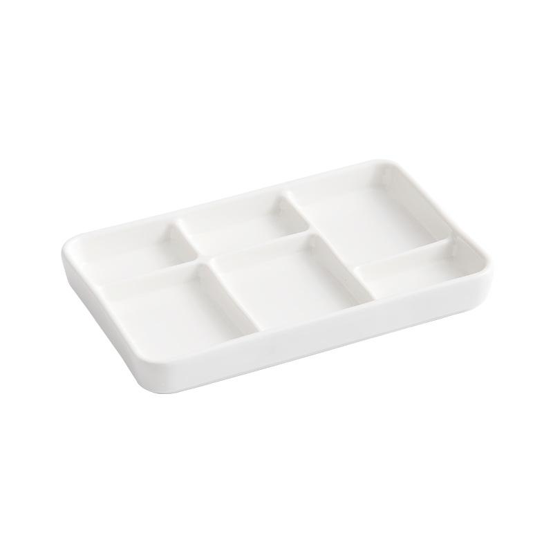 White rectangular multi-compartment ceramic seasoning compartments plate, dipping sauce, side dishes, barbecue sauce dish