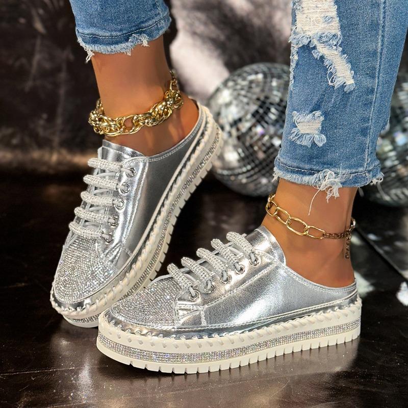 Igh Hels Spring and Summer Muffin Platform Casual Shoes Women's Round Head Rhinestone Shoes Half Slippers Women's Shoes