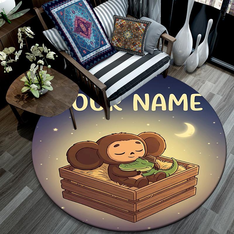 Custom Name,Cheburashka pattern round rug,Carpet Rug for Living Room Bedroom Playroom ,Non-slip Floor Mat,Holiday Gifts and Birthday Gifts.