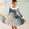 Girls High Neck Long Sleeve Printed Dress Furry Trim Bow A Line Flared Hem