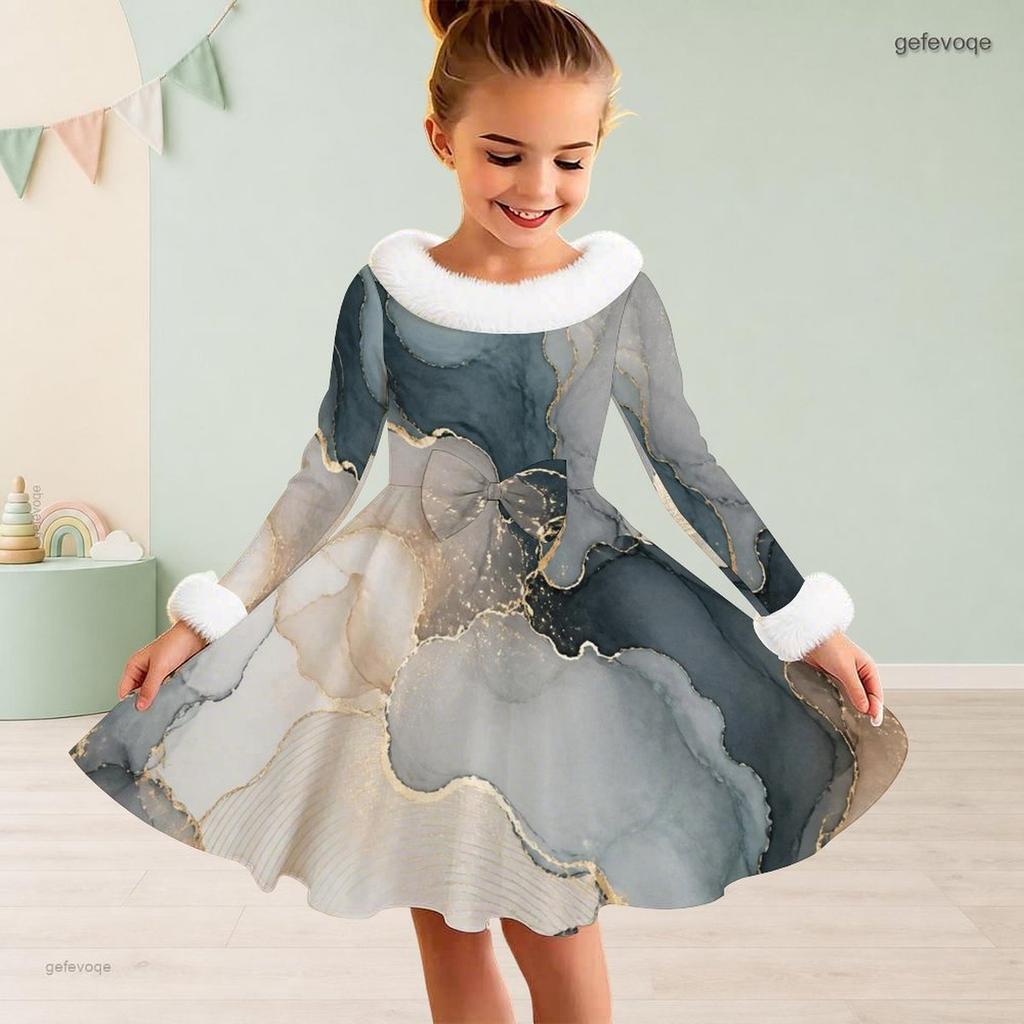 Girls High Neck Long Sleeve Printed Dress Furry Trim Bow A Line Flared Hem