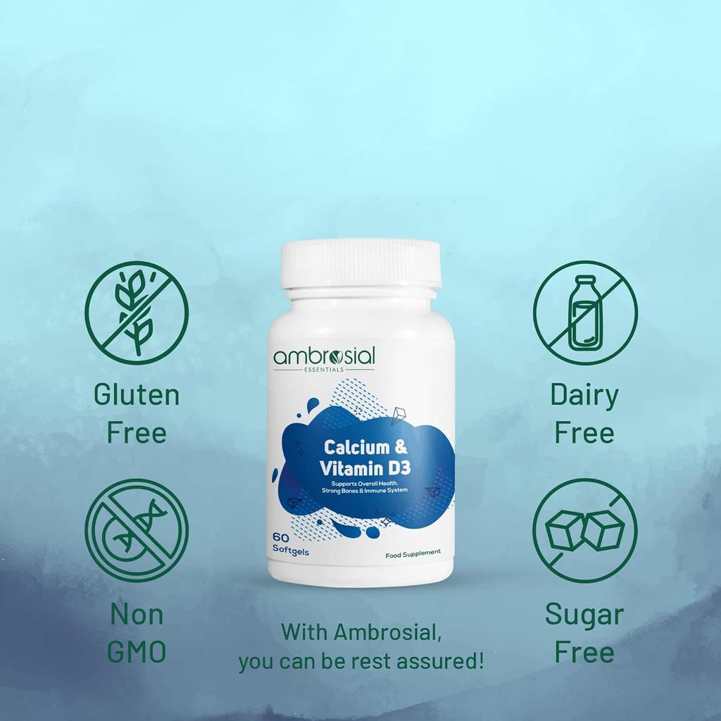 Таблетки AMBROSIAL с кальцием и витамином D3 Высокоэффективные таблетки с кальцием для женщин и мужчин Добавки с кальцием (Упаковка из 1-60 мягких капсул)