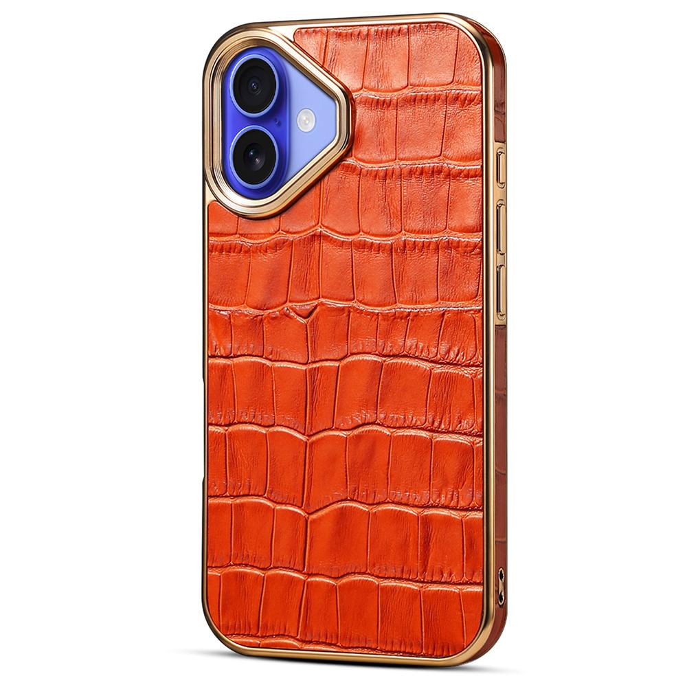 For iPhone 16 Case Genuine Cow Leather Crocodile Texture Electroplating Phone Cover - Black