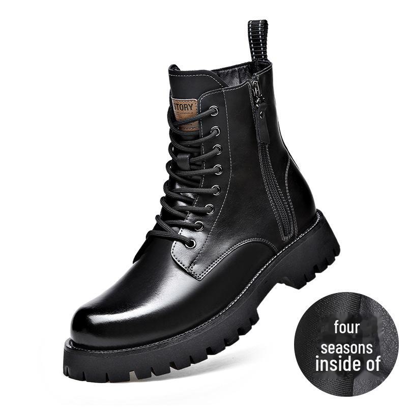 Мужские осенне-зимние желтые ботинки из натуральной кожи с толстой подошвой, боковой молнией и круглым носком — удобные, средней высоты, в стиле Martin.