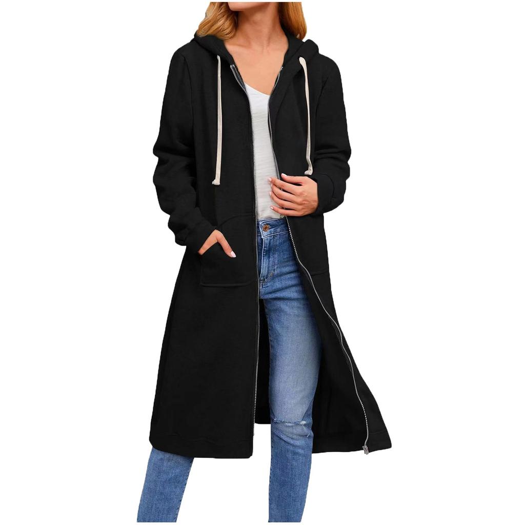 Loose Zip Long Cardigan Jacket Women's Hooded Sweatshirt Long Coat With Pocket