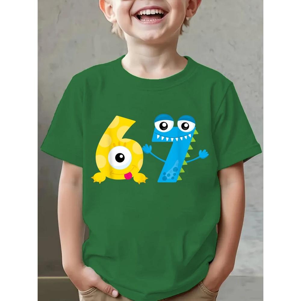 Мальчиковая футболка с графическим 3D-принтом числа 67, удобный топ с коротким рукавом и круглым вырезом, летняя повседневная спортивная детская футболка