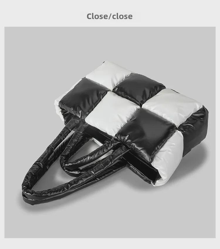 Женская легкая черно-белая клетчатая сумка-тоут – мягкая, пуховая сумка через плечо