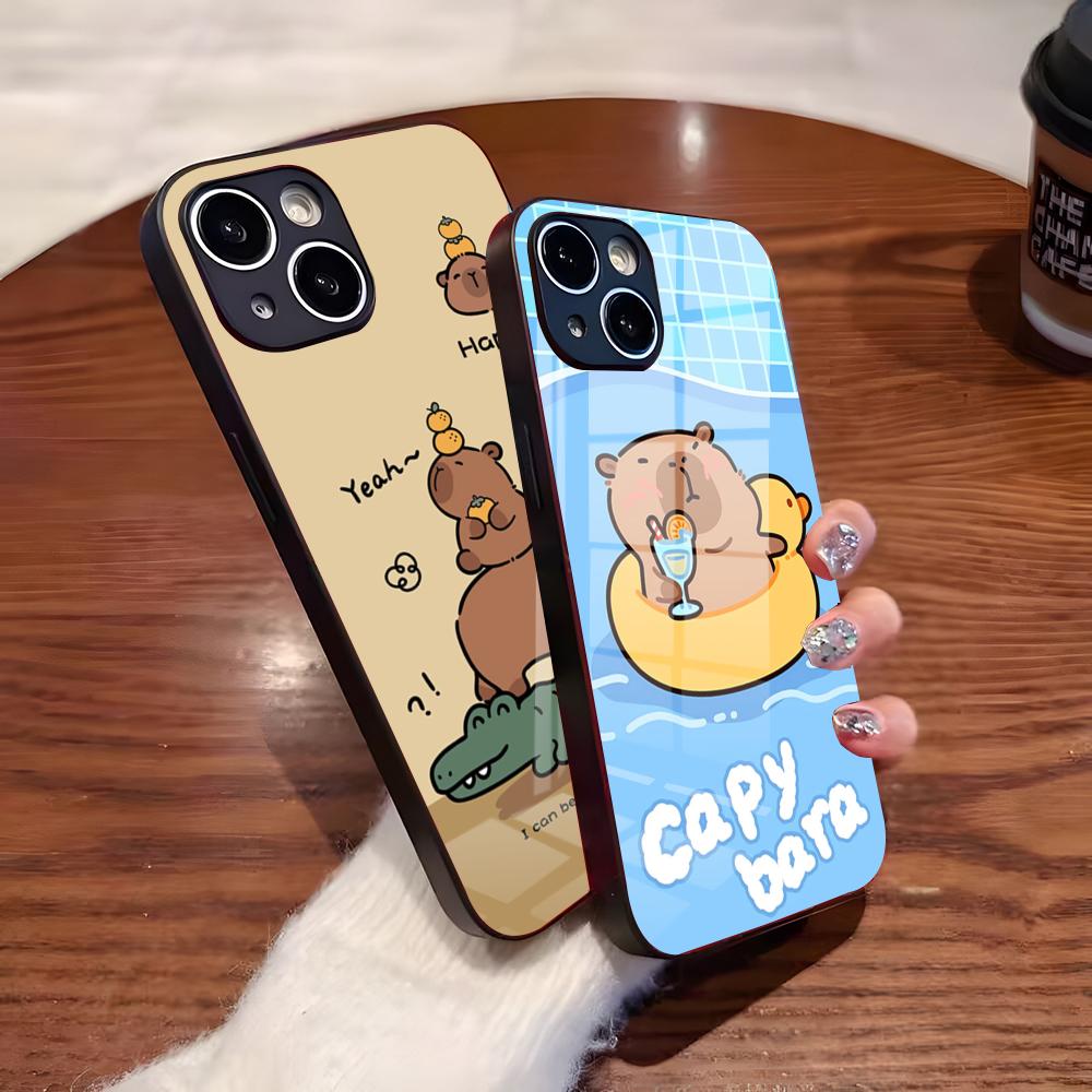 Милый чехол для телефона с капибарой Для iPhone 17 Pro Max 16 15 14 Pro Max 13 11 Plus Стеклянная крышка