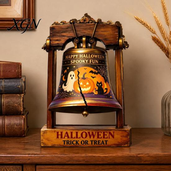 Halloween Theme Gifts Vintage Wooden Bell Decor, Rustic Farmhouse Shelf Sitter with Showcase Ornaments Metal Wood Stand, Tabletop Centerpiece