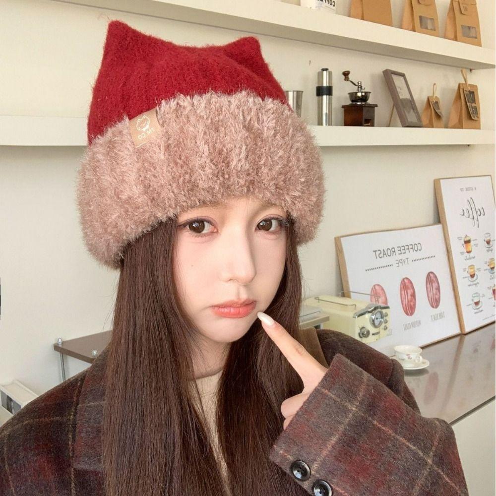 Faux Rabbit Fur Ear Protection Hat Warm Fluffy Cat Ear Beanie Cozy Knitted Beanie Hat For Women