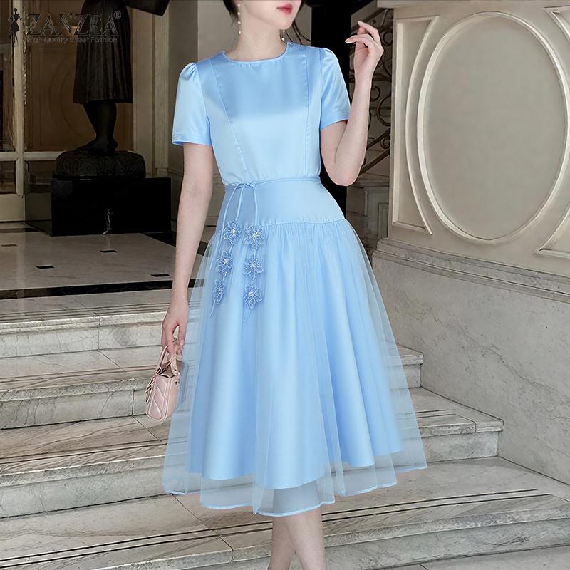 ZANZEA Женское летнее повседневное платье с сетчатой вставкой, круглым вырезом и коротким рукавом для вечеринки