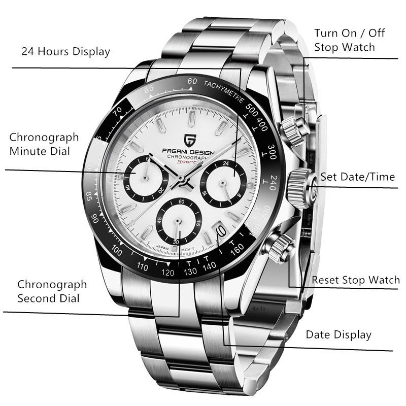 PAGANI DESIGN Military Pilot Chronograph Stop Watch for Men Lap Sapphire Luxury VK63 Quartz Watches Silicone relgios masculino