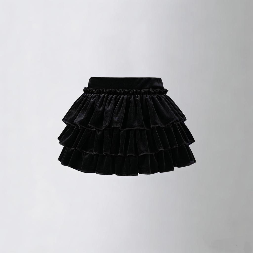 2026 Юбка-торт из черного бархата для девочек, с высокой талией, А-силуэта, короткая, весенняя, расклешенная, праздничная одежда, школьная, детская, универсальные многослойные юбки