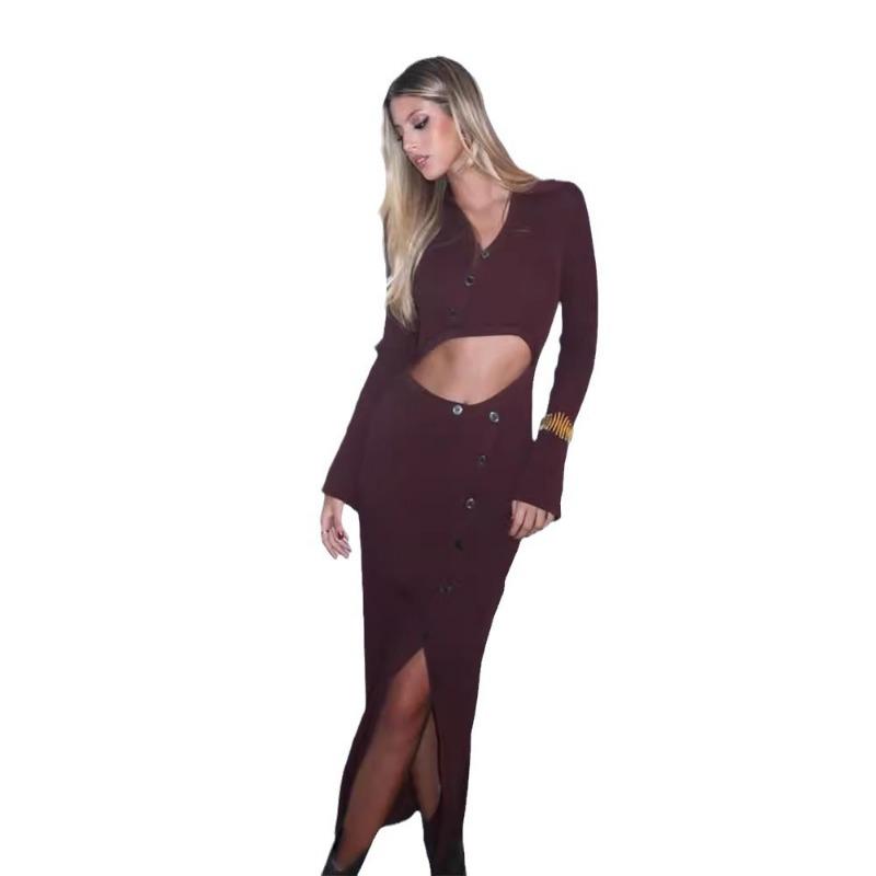 Осеннее трикотажное платье с сексуальным вырезом и длинными рукавами, украшенное пуговицами, длинное платье с разрезом в виде пряностей
