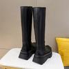 Fashion Women High Boots 2024 Spring Autumn Ladies Fashion Platform Mid Calf PU Leather Slip On Goth Knee Long Boots Black Woman Shoes