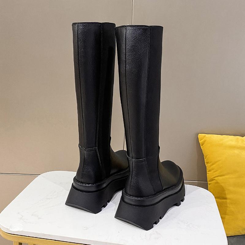 Fashion Women High Boots 2024 Spring Autumn Ladies Fashion Platform Mid Calf PU Leather Slip On Goth Knee Long Boots Black Woman Shoes
