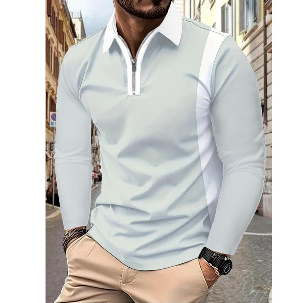 Spring Men's Clothes Contrast Color Fashion Polo Shirts Long Sleeve Turn-down Collar Tops Soft Breathable Casual Zipper Pullover