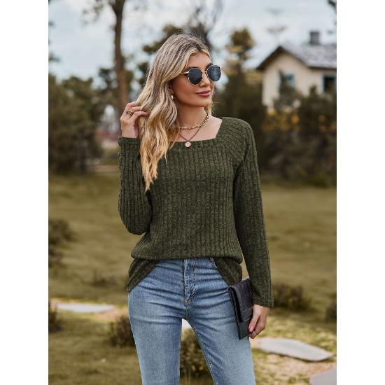 Осенне-зимний женский свитер с квадратным вырезом в полоску, однотонный топ с длинными рукавами и пуговицами в стиле пэчворк