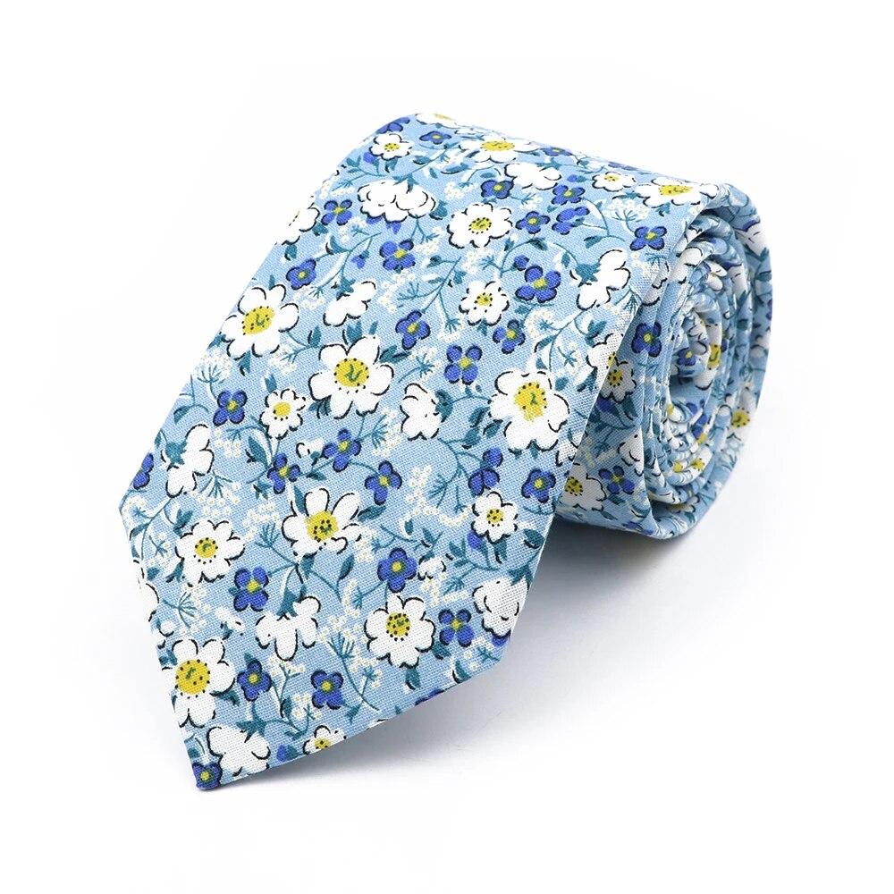Floral Tie, For Men Women, 100% Cotton, Elegant Flower Necktie, White, Blue, Narrow Skinny, Wedding, Party