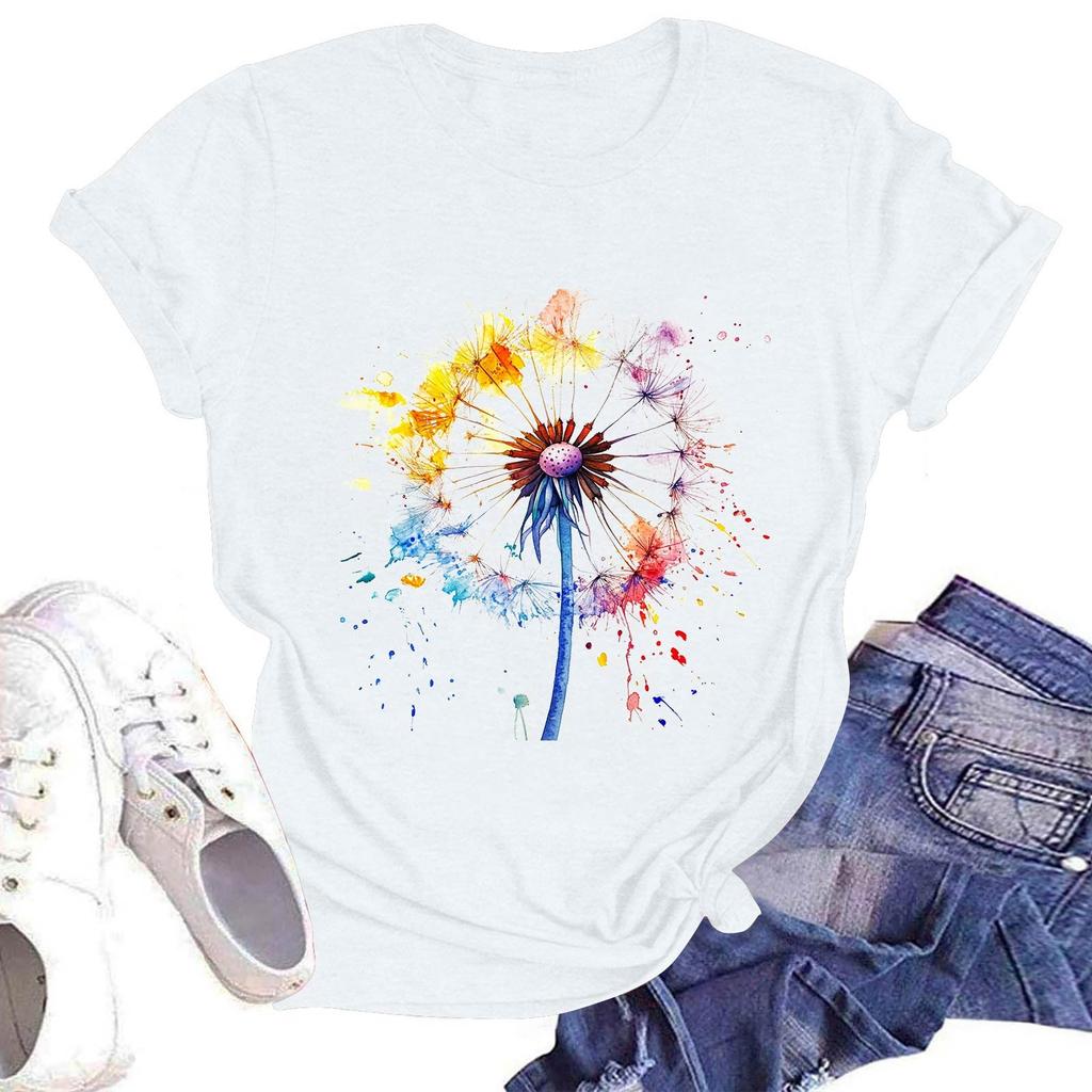 Women's Casual Round Neck Short Sleeve Pullover Printed T-Shirt Top