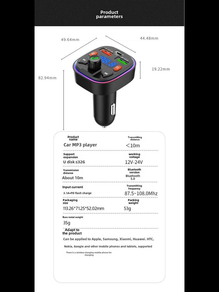 Q5 Car Bluetooth Charger with Dual Ports, FM Modulation, Blue Ambient Light, MP3 Player, and Fast Charging