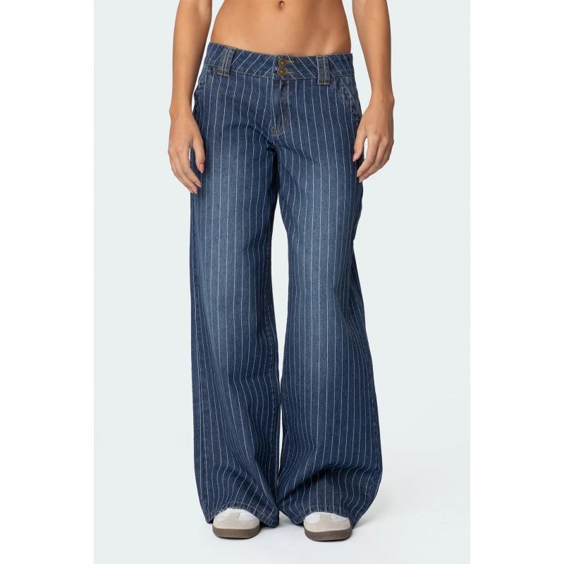 Womens Blue Washed Wide Leg Straight Cut Denim Jeans High Waist Loose Fit Casual Cotton Pant