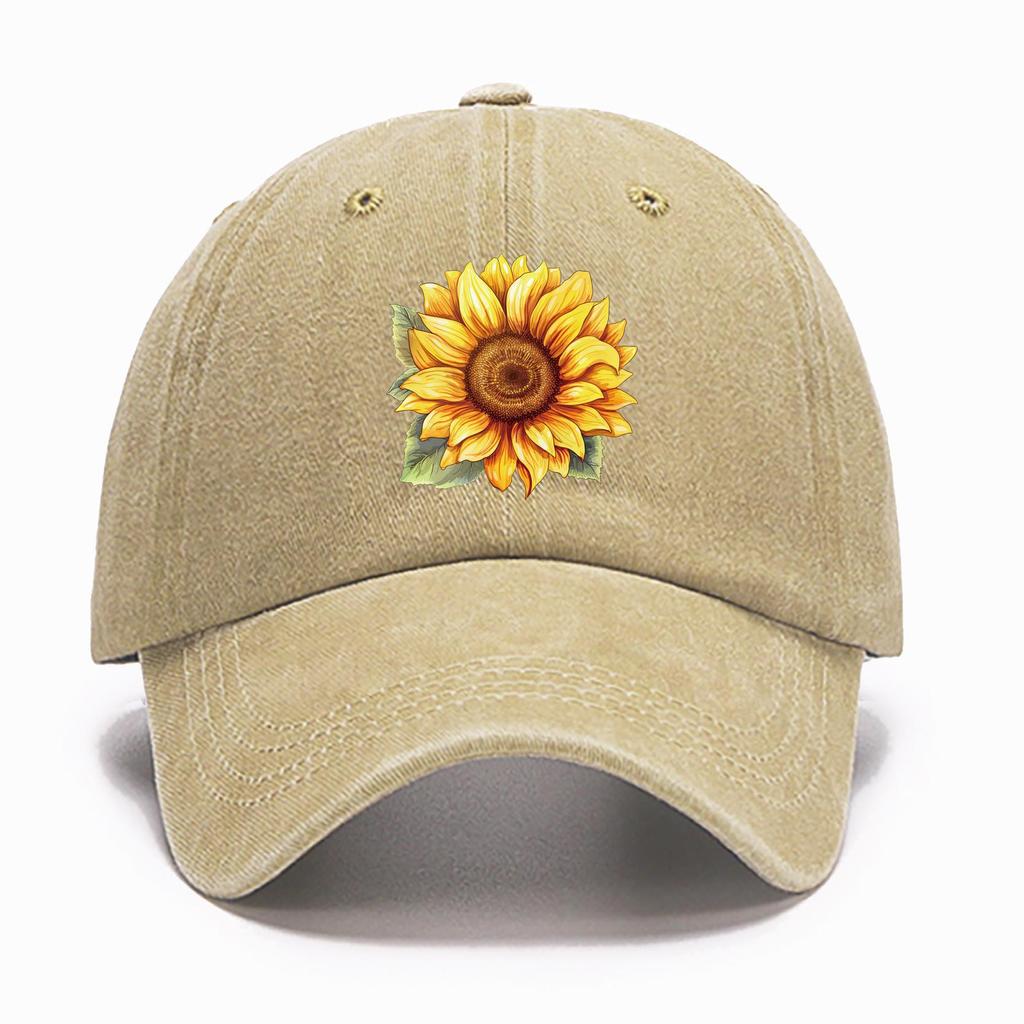 Sunflower Print Cotton Baseball Cap, Floral Pattern Distressed Sport Hat With Adjustable Closure, Sun Protection Peaked Cap