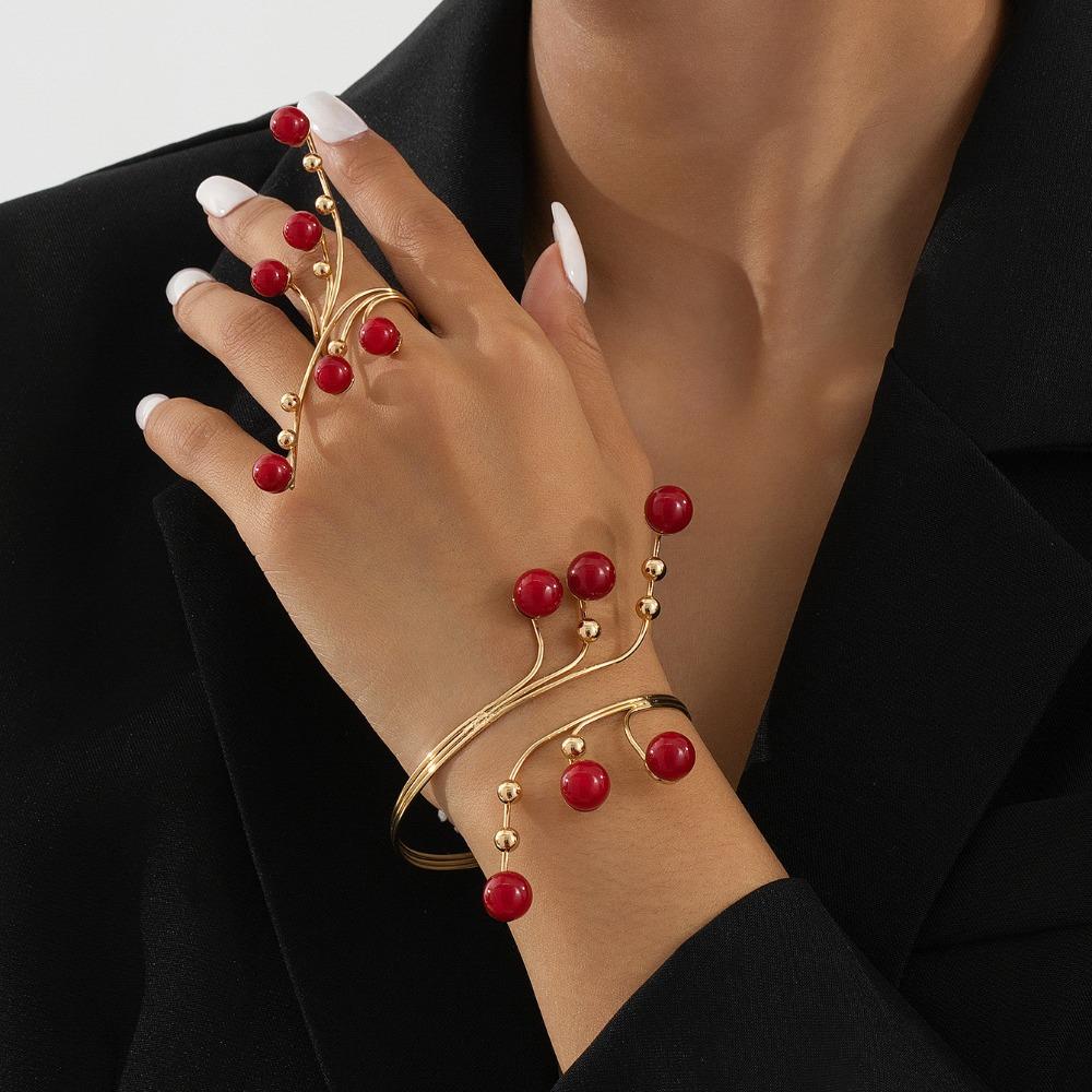 Imitation Pearl Bracelets Rings Set for Women Chunky Adjustable Fit Wrap Bracelets Ring Personality Advanced Irregular Bracelet