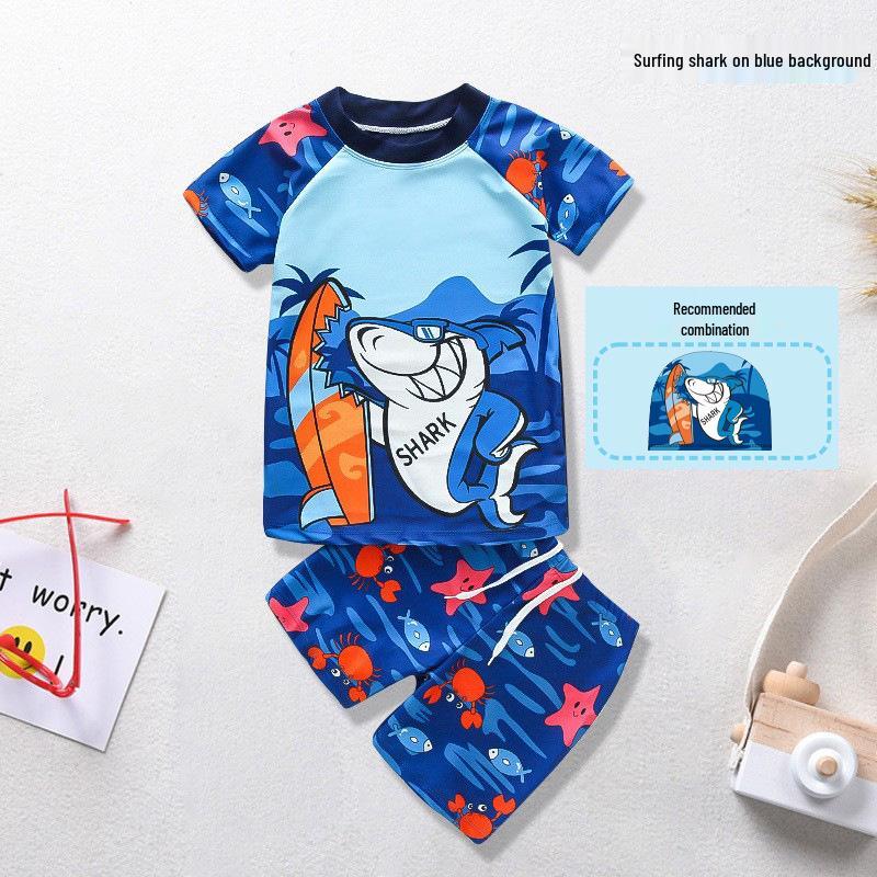 Комплект мультяшного купальника для мальчиков 2024: Топ с коротким рукавом, Раздельный костюм, Шапочка для плавания и Плавки