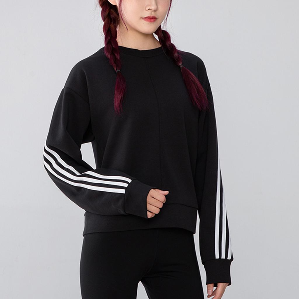 Adidas Полосатый спортивный свитер с круглым вырезом для женщин, топы, черный H57308